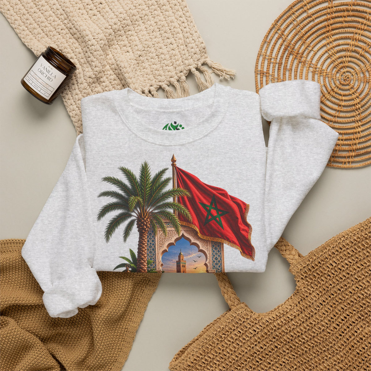 Sweat-shirt col rond Méli-mélo marocain — Drapeau du Maroc et scène du désert