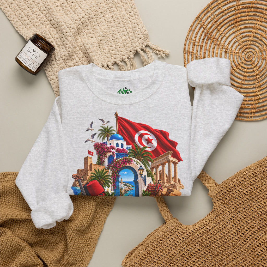 Tunisia travel collage sweatshirt | Tunisian flag, medina, palm trees