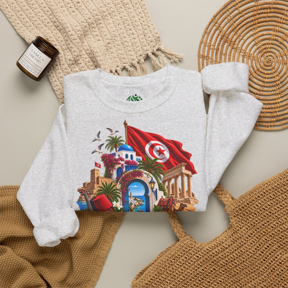 Tunisia travel collage sweatshirt | Tunisian flag, medina, palm trees