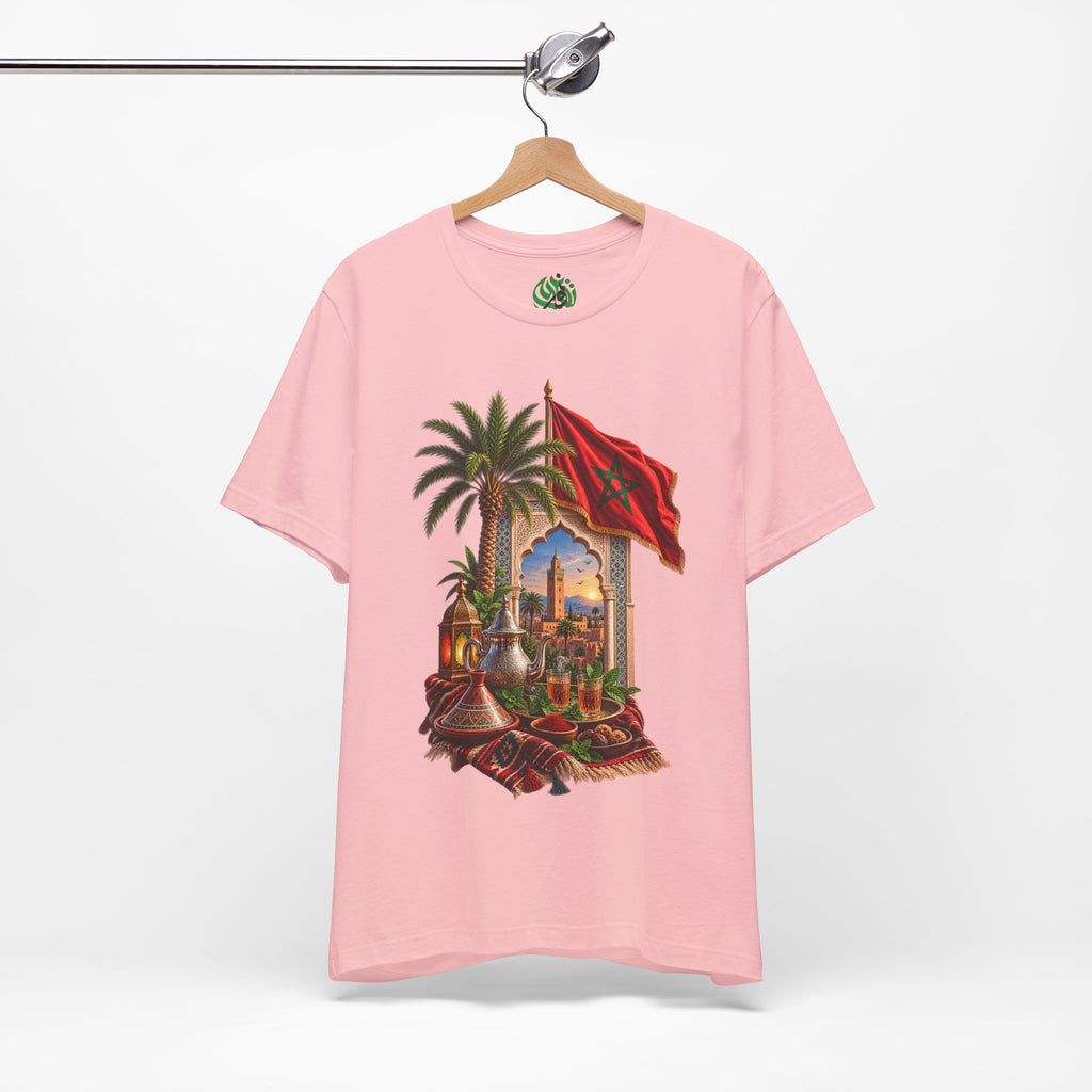 Moroccan Flag Medina Scene T-Shirt | Palm Tree, Lanterns, Tea Set