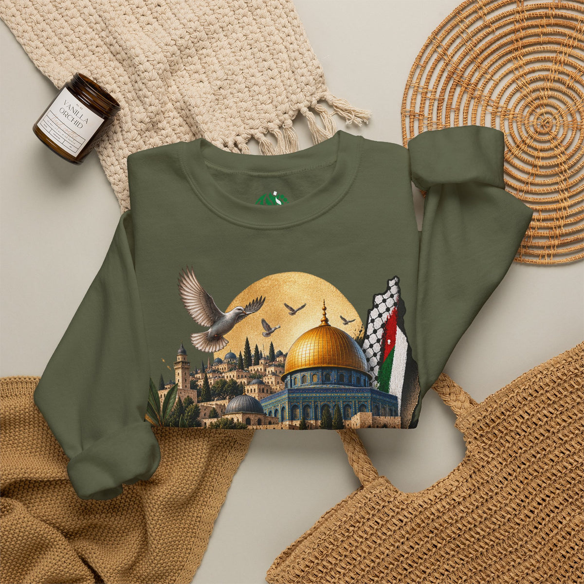 Jerusalem Dome of the Rock Illustration Sweatshirt | Arabic Calligraphy, Palestinian Flag