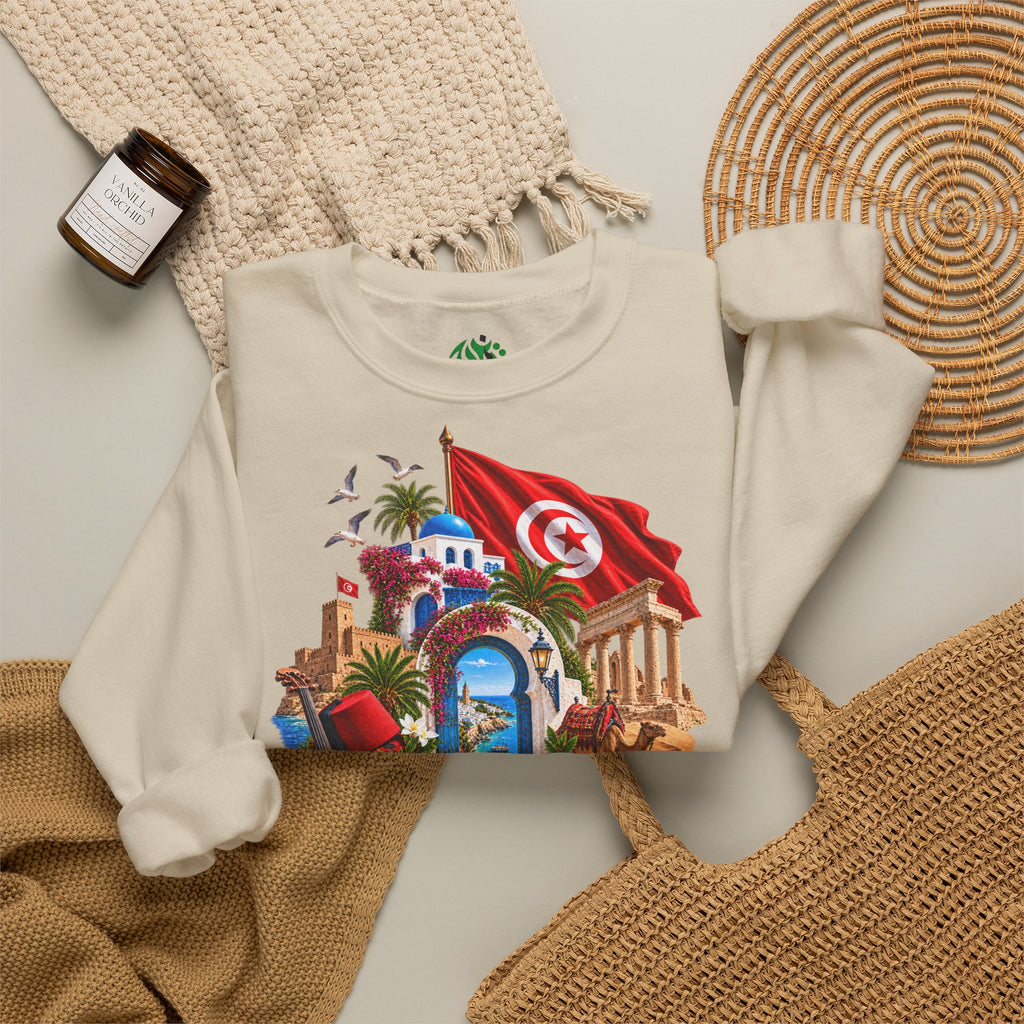 Tunisia travel collage sweatshirt | Tunisian flag, medina, palm trees