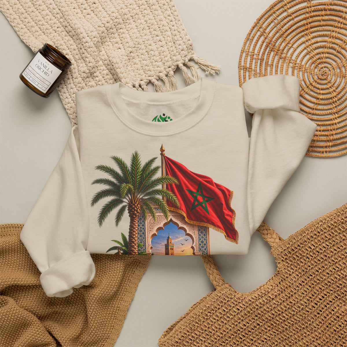 Moroccan Medley Crewneck Sweatshirt — Moroccan Flag & Desert Scene