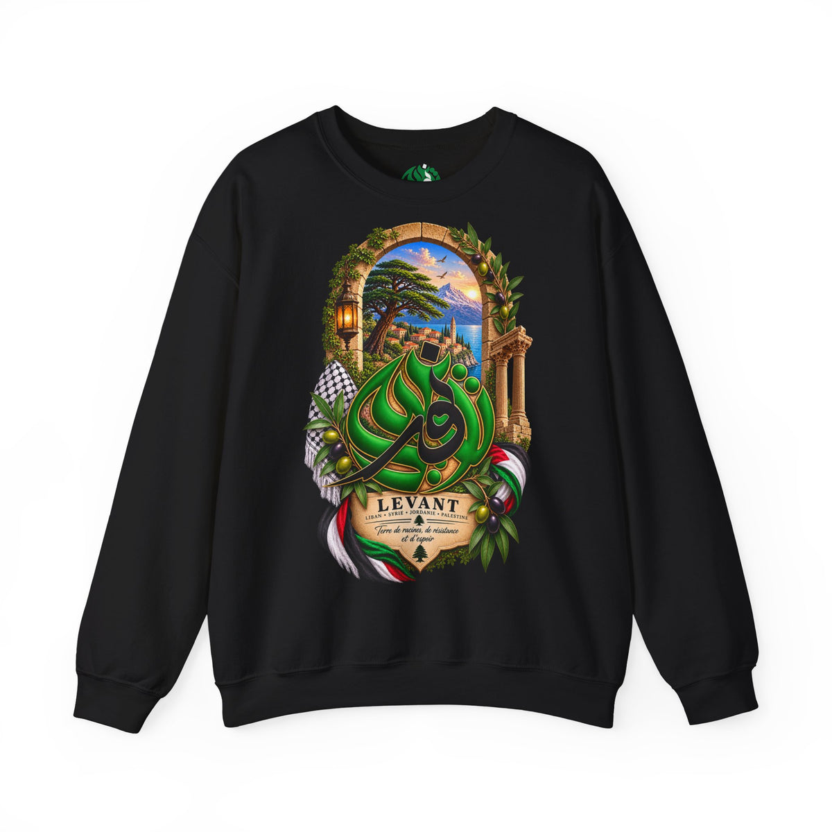 Levant Arabic Calligraphy Crewneck Sweatshirt | Scenic Mediterranean Artwork