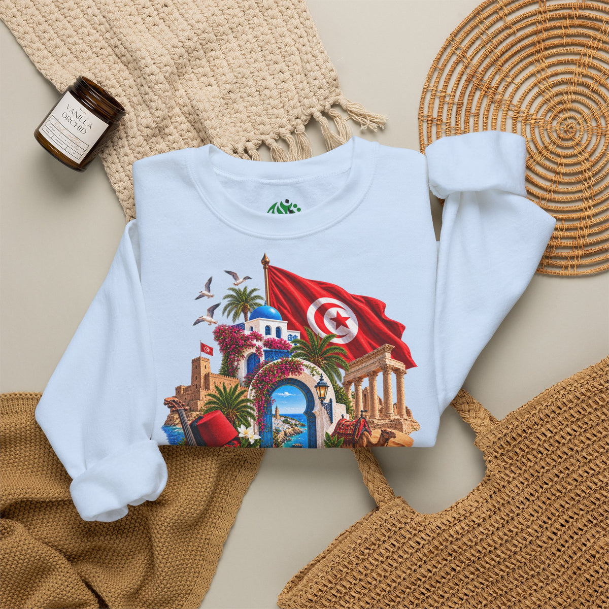 Tunisia travel collage sweatshirt | Tunisian flag, medina, palm trees