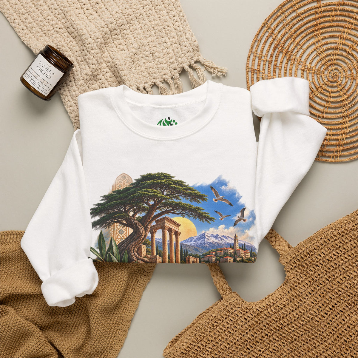 Levant Vintage Ruins Crewneck Sweatshirt | Arabic Calligraphy Landscape
