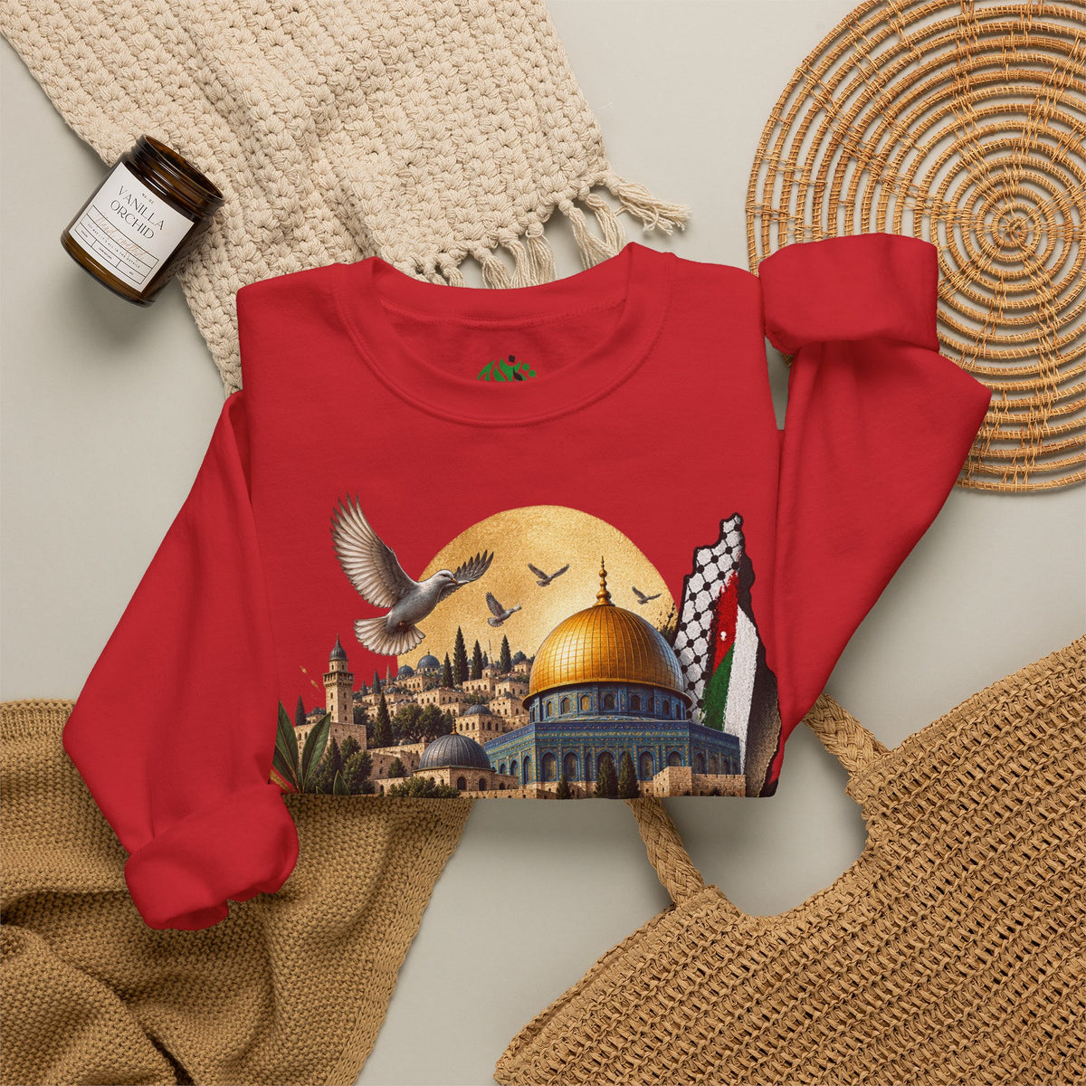 Jerusalem Dome of the Rock Illustration Sweatshirt | Arabic Calligraphy, Palestinian Flag