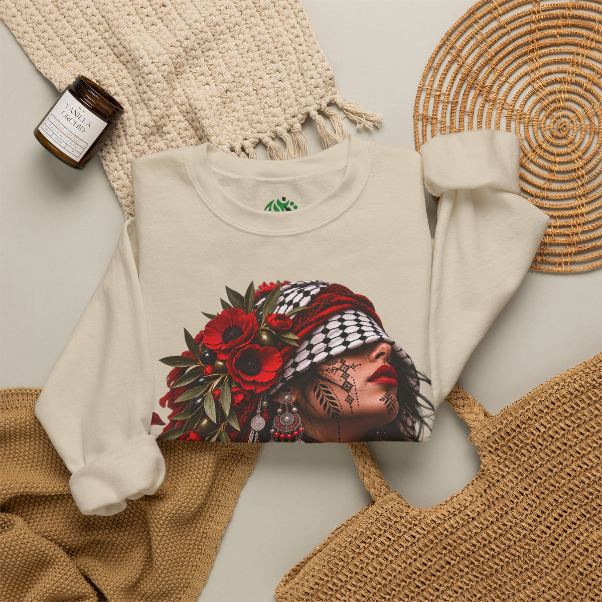 Native Floral Portrait Sweatshirt — Woman in Headdress Graphic Crewneck