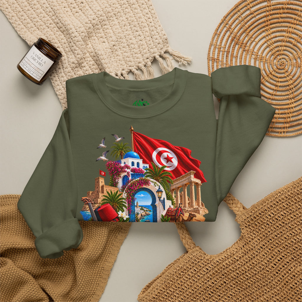 Tunisia travel collage sweatshirt | Tunisian flag, medina, palm trees