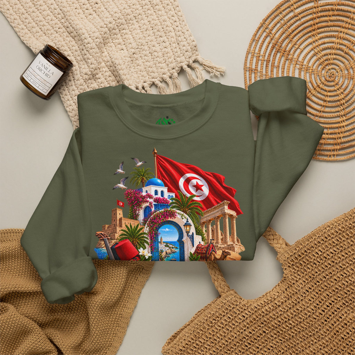 Tunisia travel collage sweatshirt | Tunisian flag, medina, palm trees