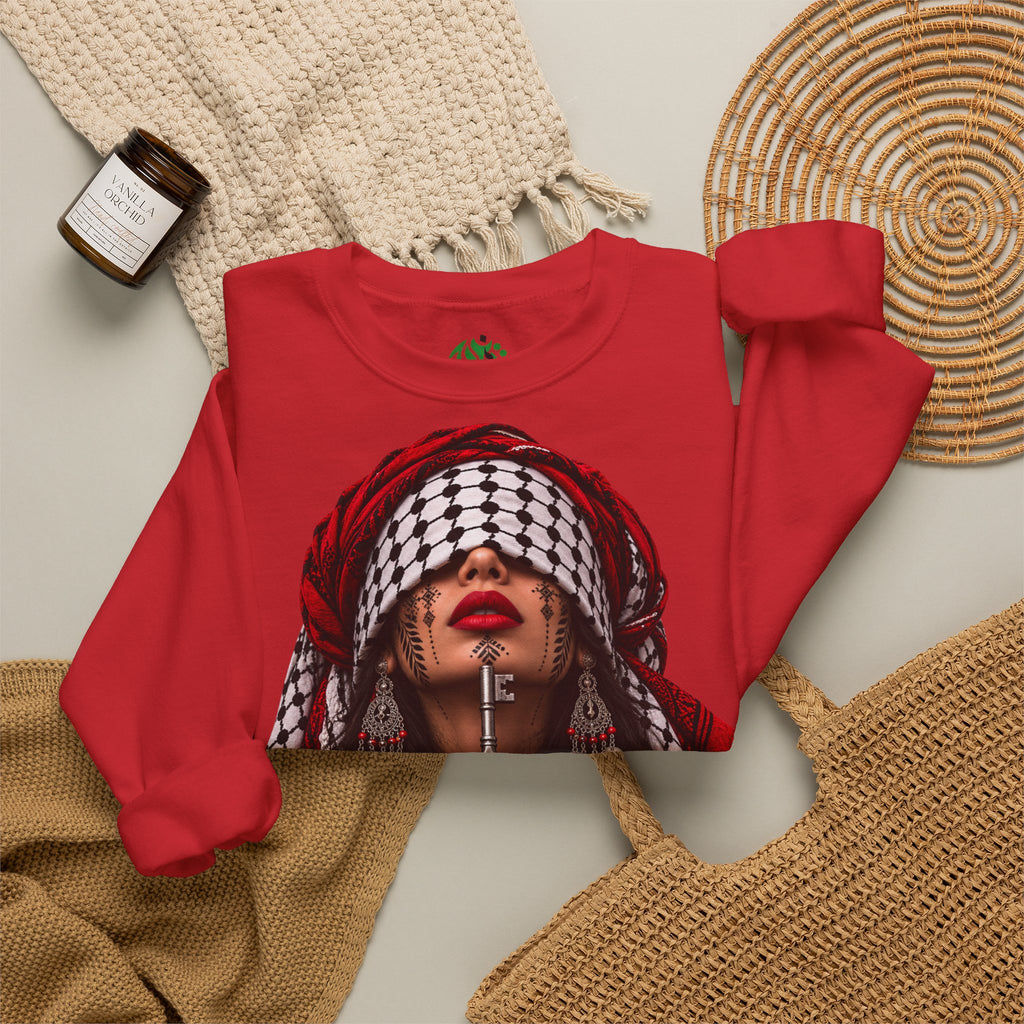 Palestinian Keffiyeh Woman Graphic Sweatshirt — Resilience Portrait Crewneck