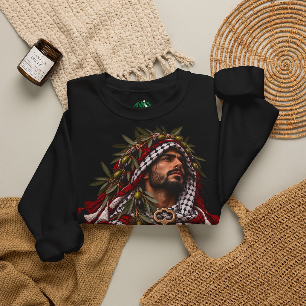 Crewneck Sweatshirt — Majestic Palestinian Liberation Portrait (keffiyeh & key)