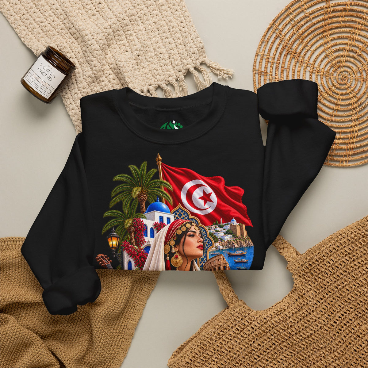 Sweat-shirt ras du cou Héritage Tunisien – Drapeau tunisien et collage culturel