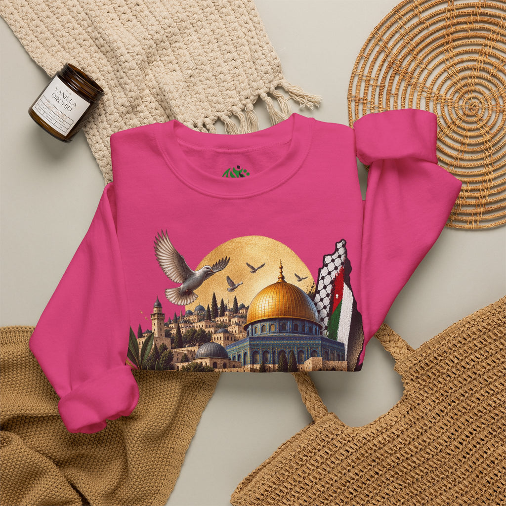 Jerusalem Dome of the Rock Illustration Sweatshirt | Arabic Calligraphy, Palestinian Flag