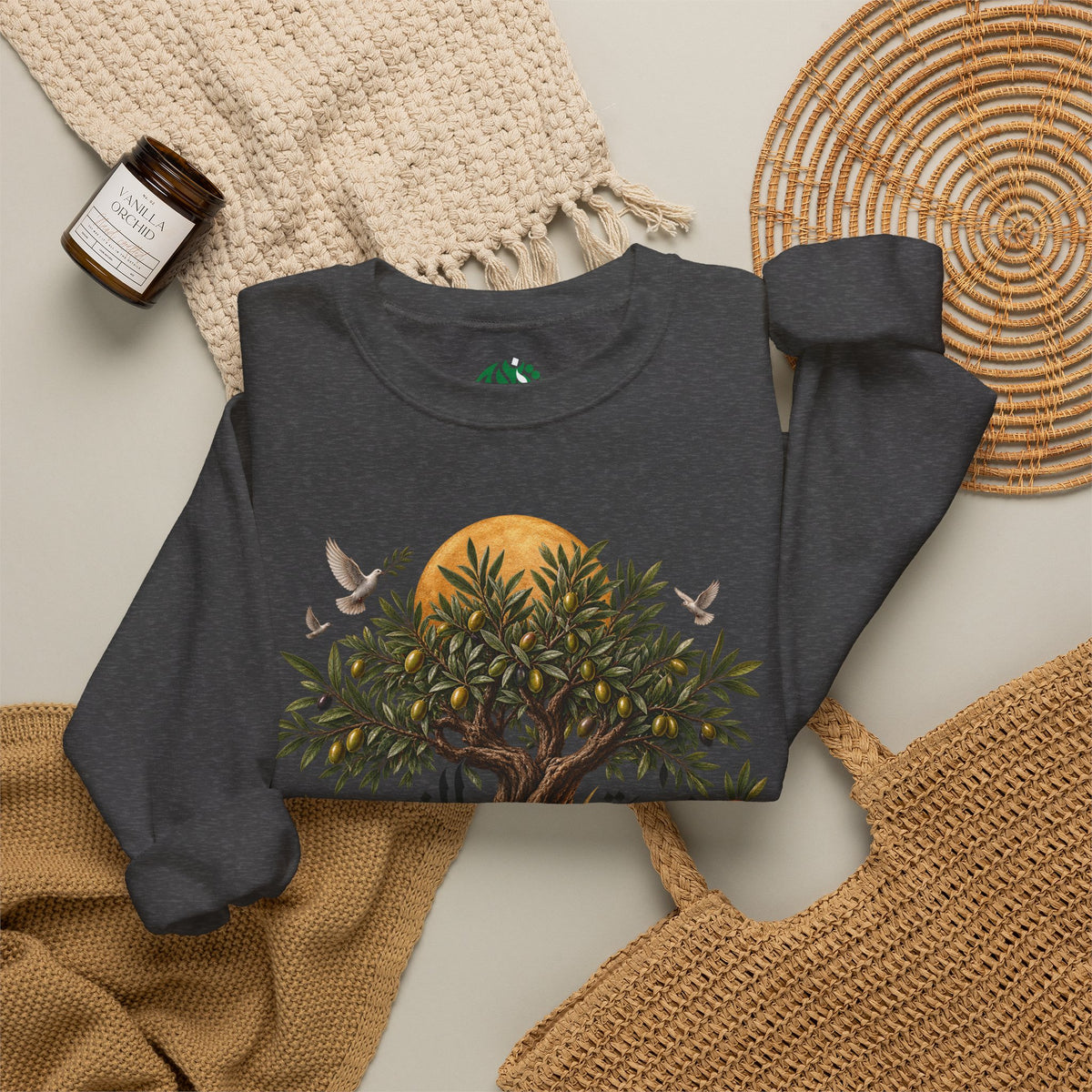 Sweat-shirt illustration Olivier | Calligraphie palestinienne, soleil et oiseaux