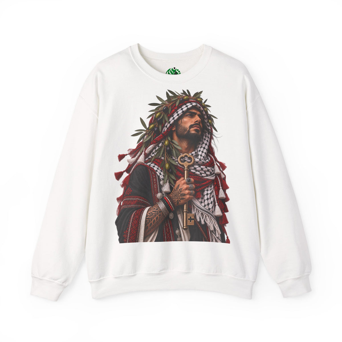 Crewneck Sweatshirt — Majestic Palestinian Liberation Portrait (keffiyeh & key)