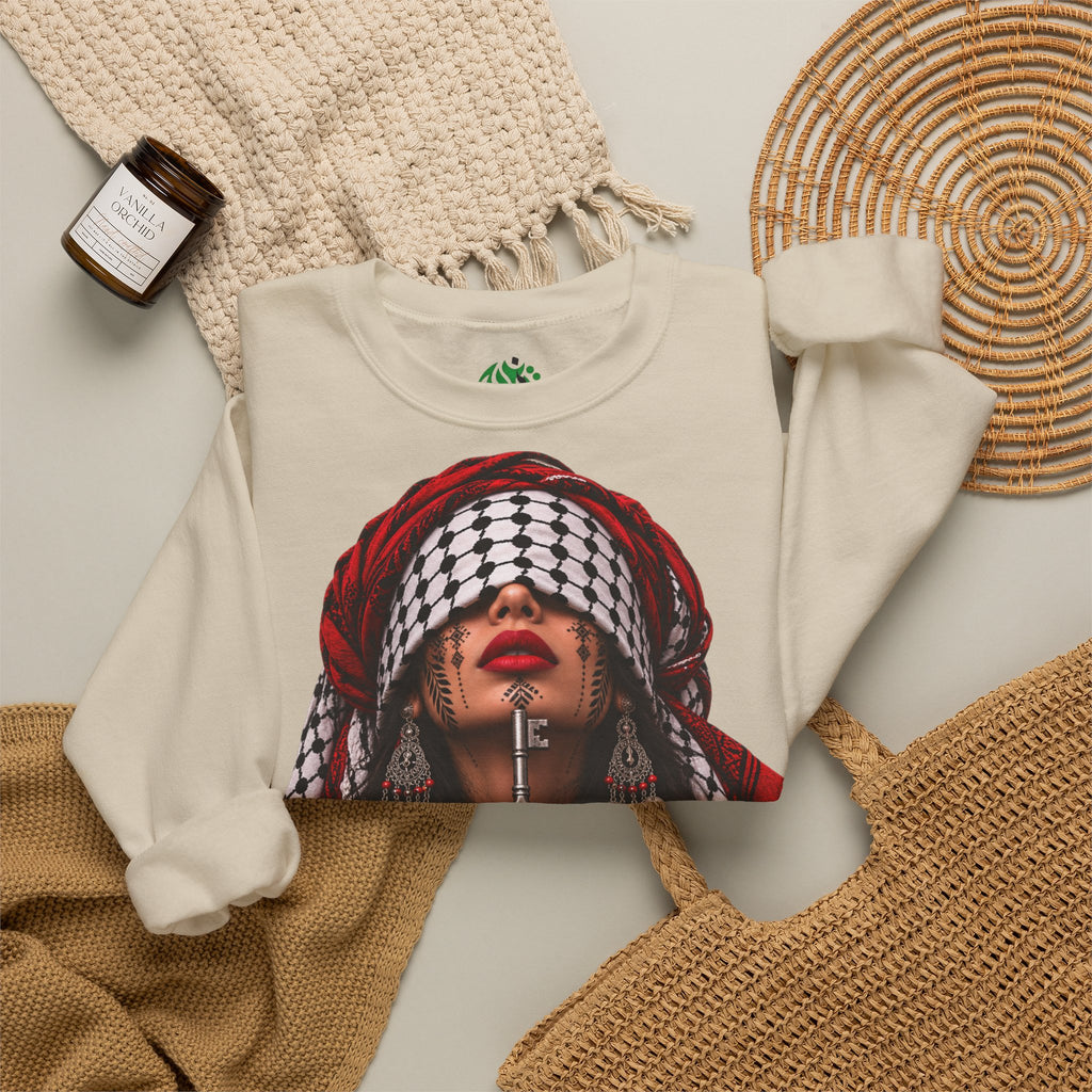 Palestinian Keffiyeh Woman Graphic Sweatshirt — Resilience Portrait Crewneck