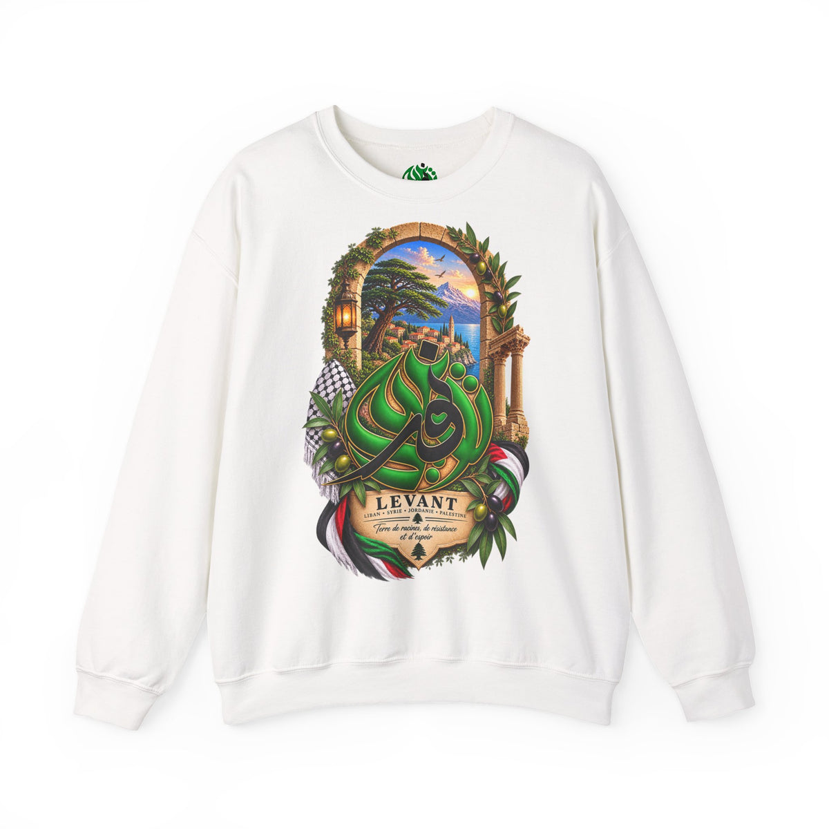 Levant Arabic Calligraphy Crewneck Sweatshirt | Scenic Mediterranean Artwork