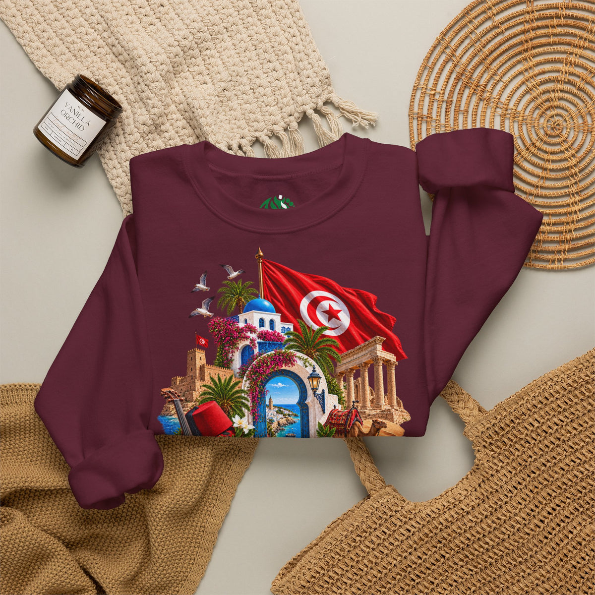 Tunisia travel collage sweatshirt | Tunisian flag, medina, palm trees