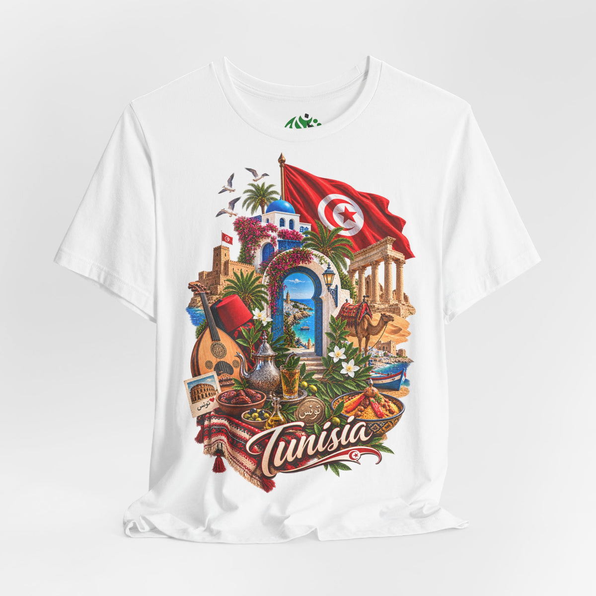 Tunisia travel collage T-Shirt | Tunis flag, medina, guitar, palm trees