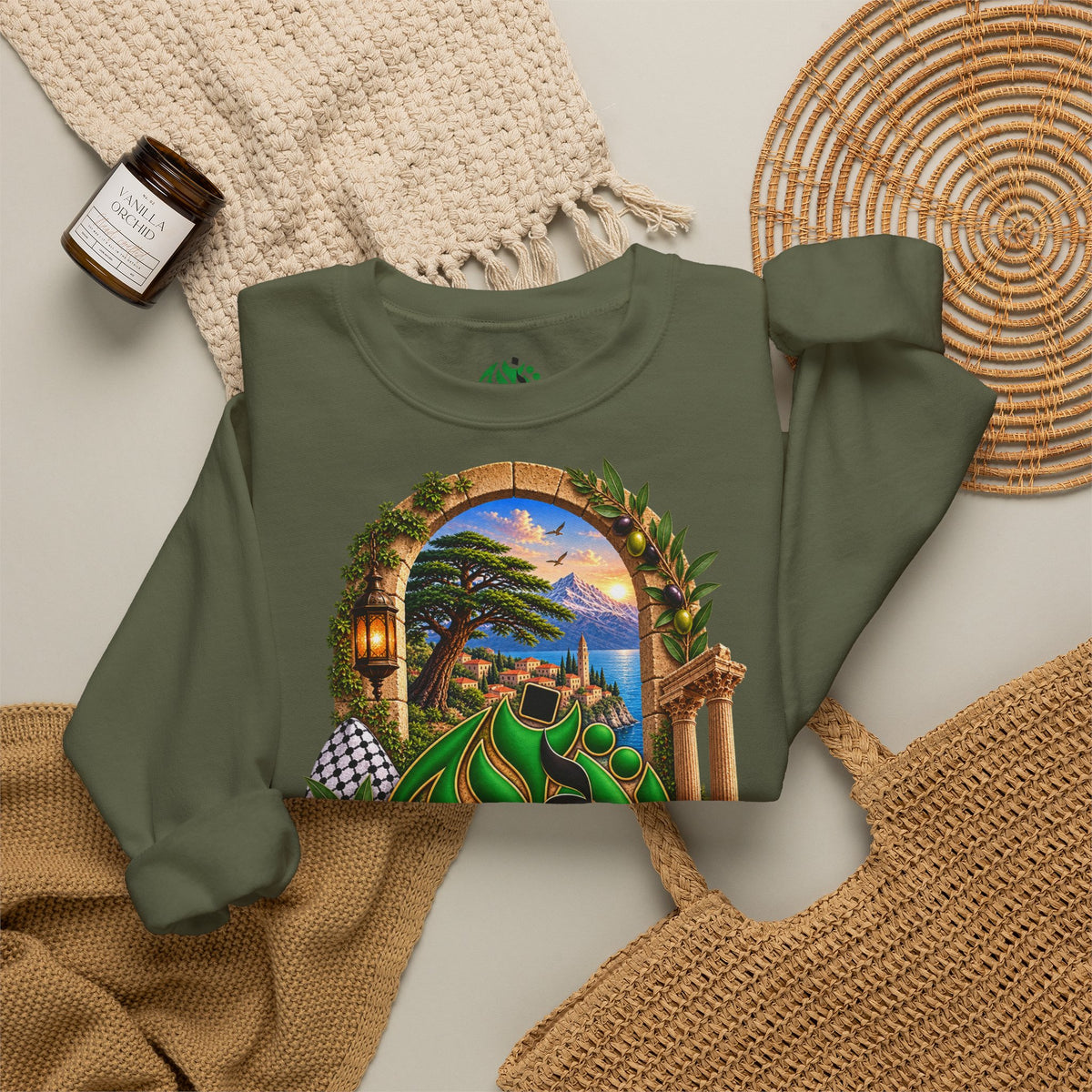 Levant Arabic Calligraphy Crewneck Sweatshirt | Scenic Mediterranean Artwork