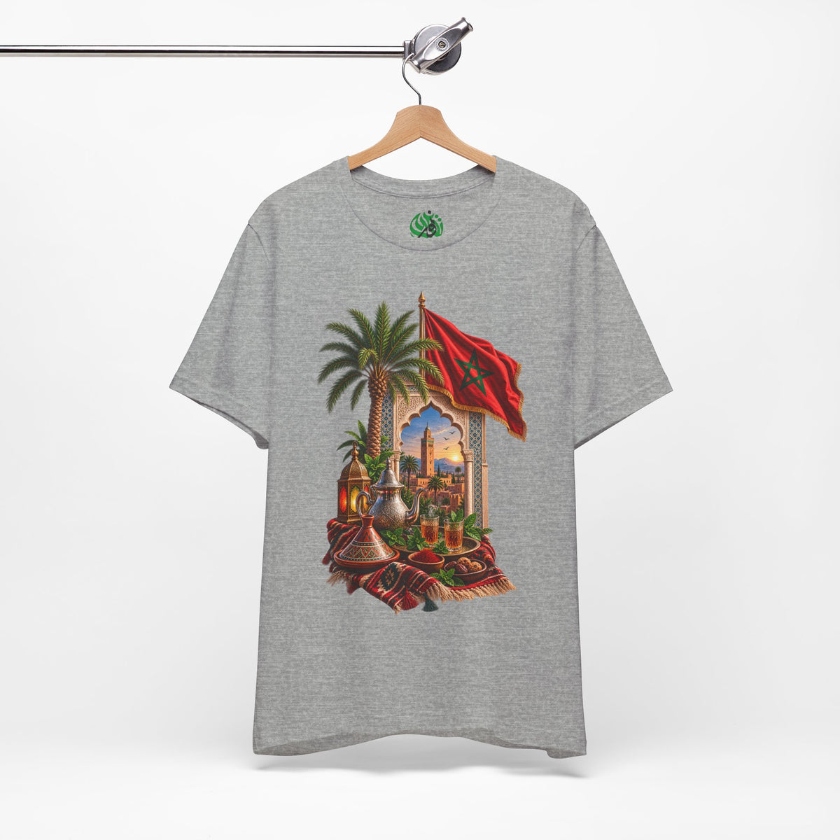 Moroccan Flag Medina Scene T-Shirt | Palm Tree, Lanterns, Tea Set