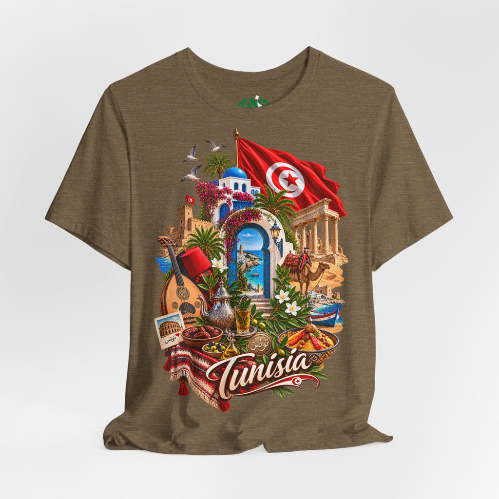 Tunisia travel collage T-Shirt | Tunis flag, medina, guitar, palm trees