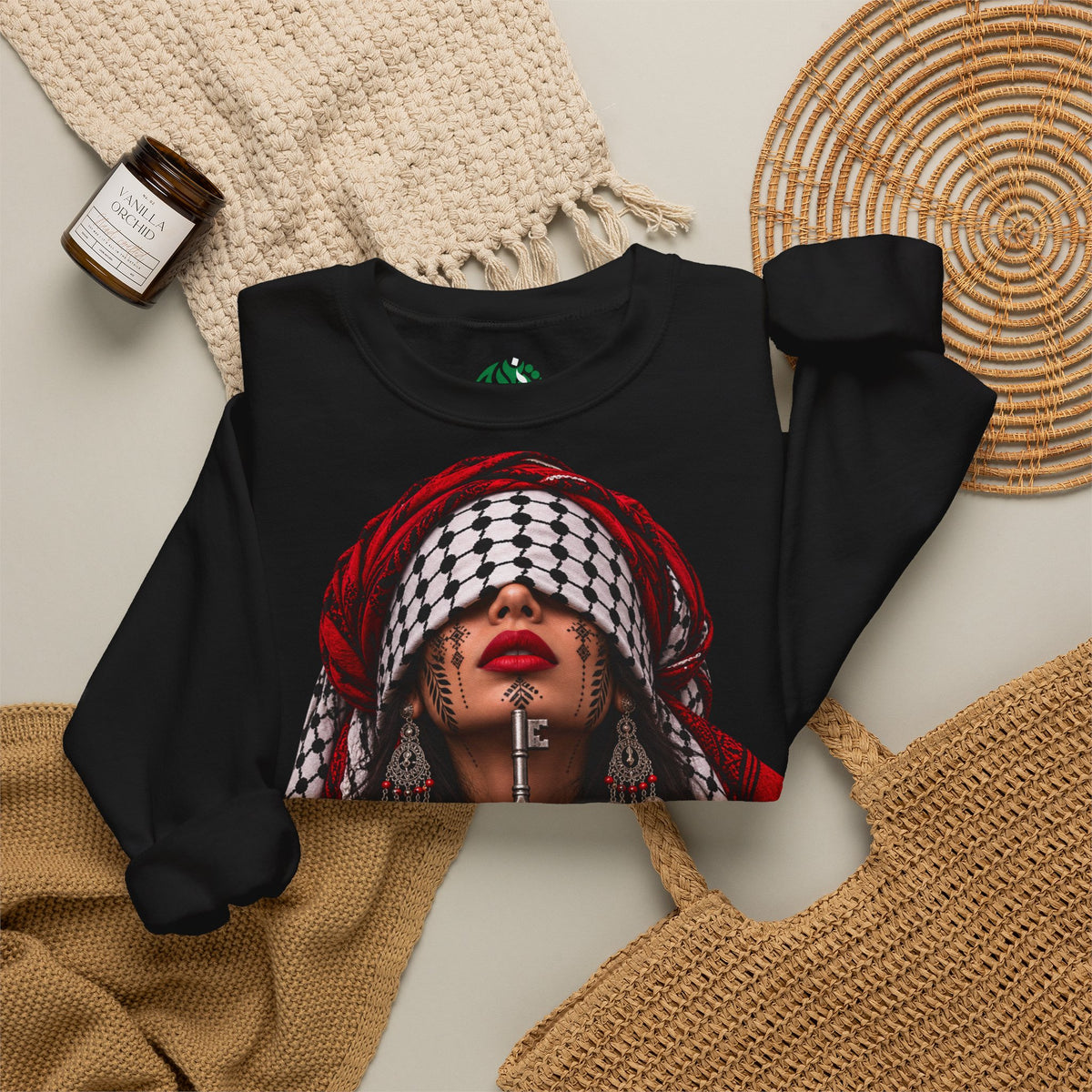 Palestinian Keffiyeh Woman Graphic Sweatshirt — Resilience Portrait Crewneck