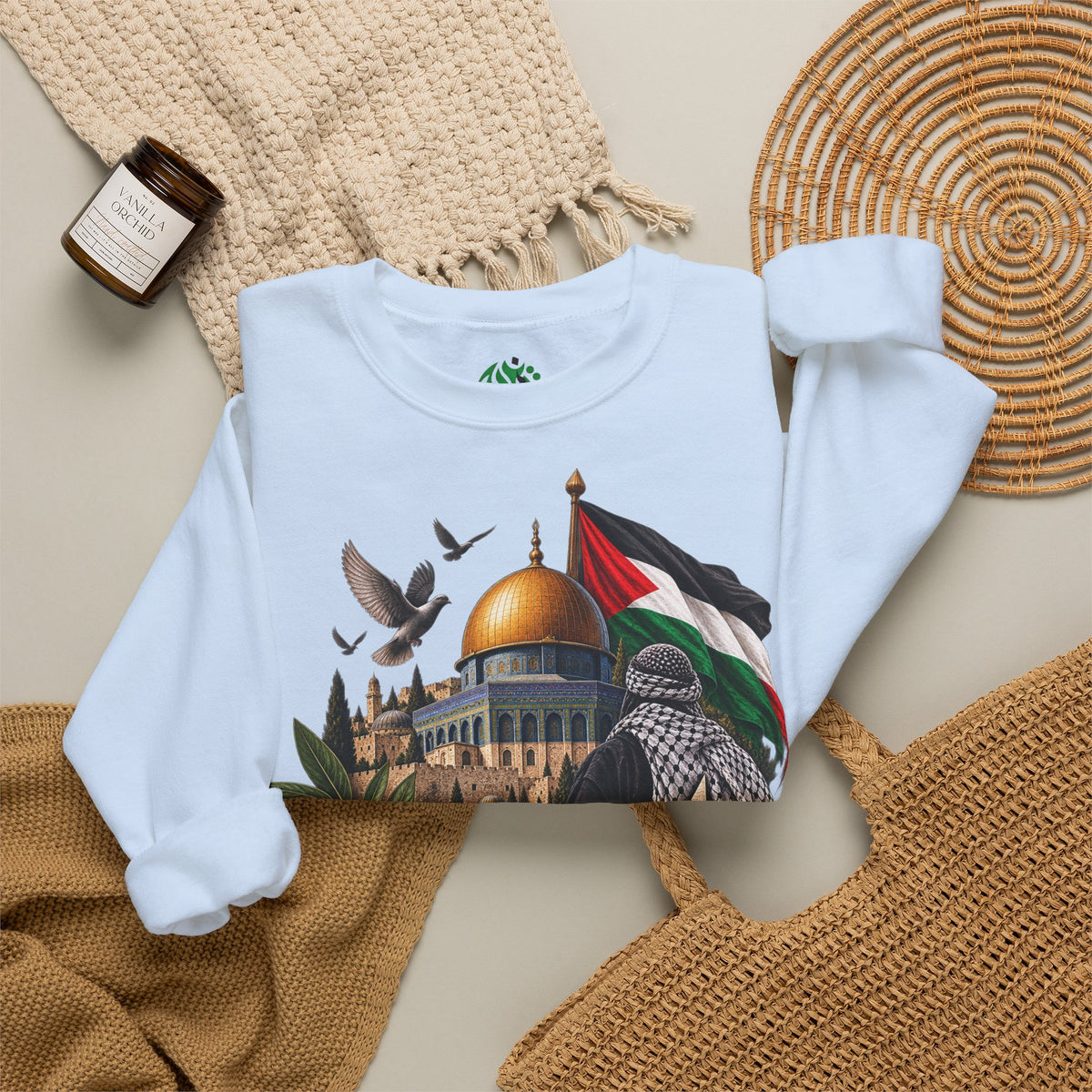 Palestine Dome of the Rock Sweatshirt — Solidarity Crewneck with Keffiyeh & Olive Branch Design