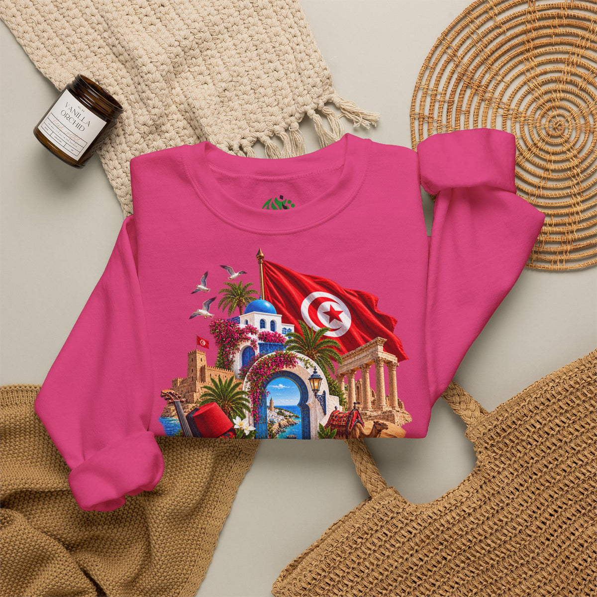 Tunisia travel collage sweatshirt | Tunisian flag, medina, palm trees