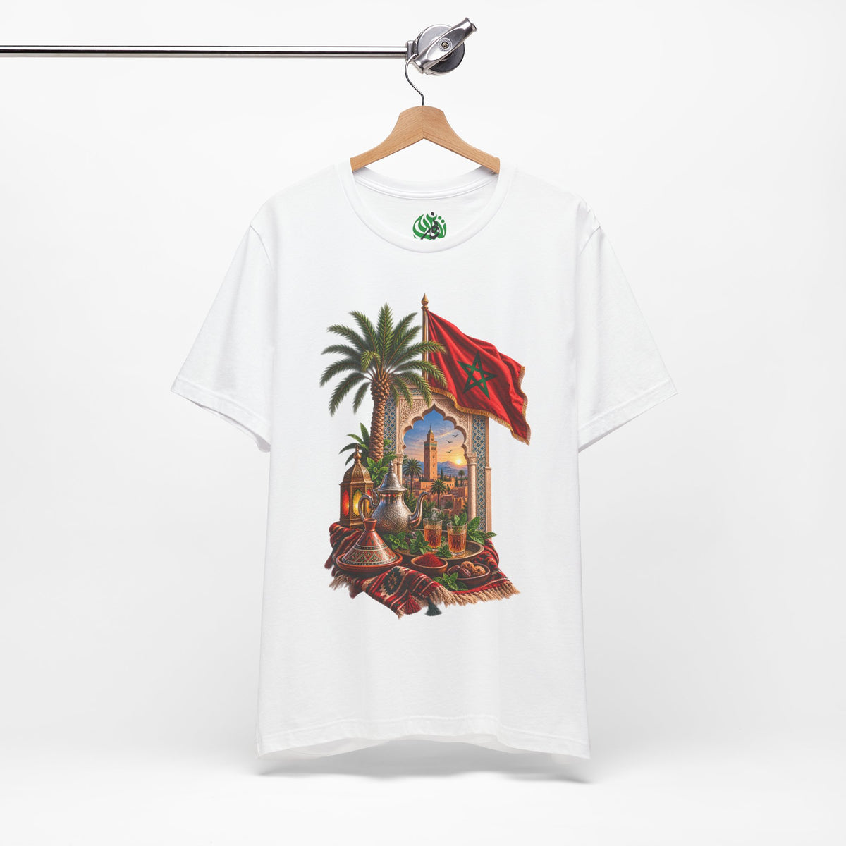 Moroccan Flag Medina Scene T-Shirt | Palm Tree, Lanterns, Tea Set