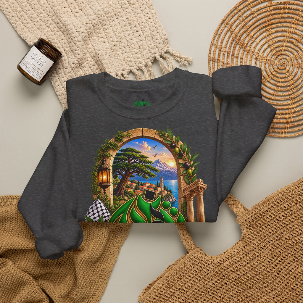 Sweat-shirt à col rond avec calligraphie arabe levantine | Illustration panoramique méditerranéenne