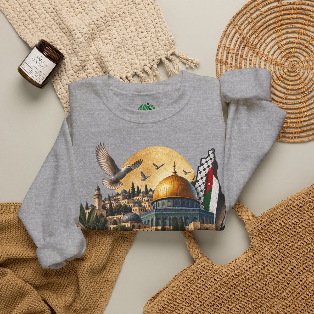Jerusalem Dome of the Rock Illustration Sweatshirt | Arabic Calligraphy, Palestinian Flag