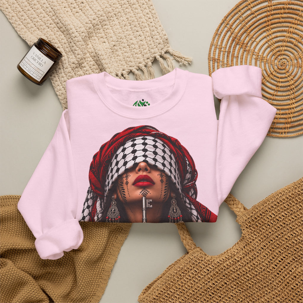 Palestinian Keffiyeh Woman Graphic Sweatshirt — Resilience Portrait Crewneck