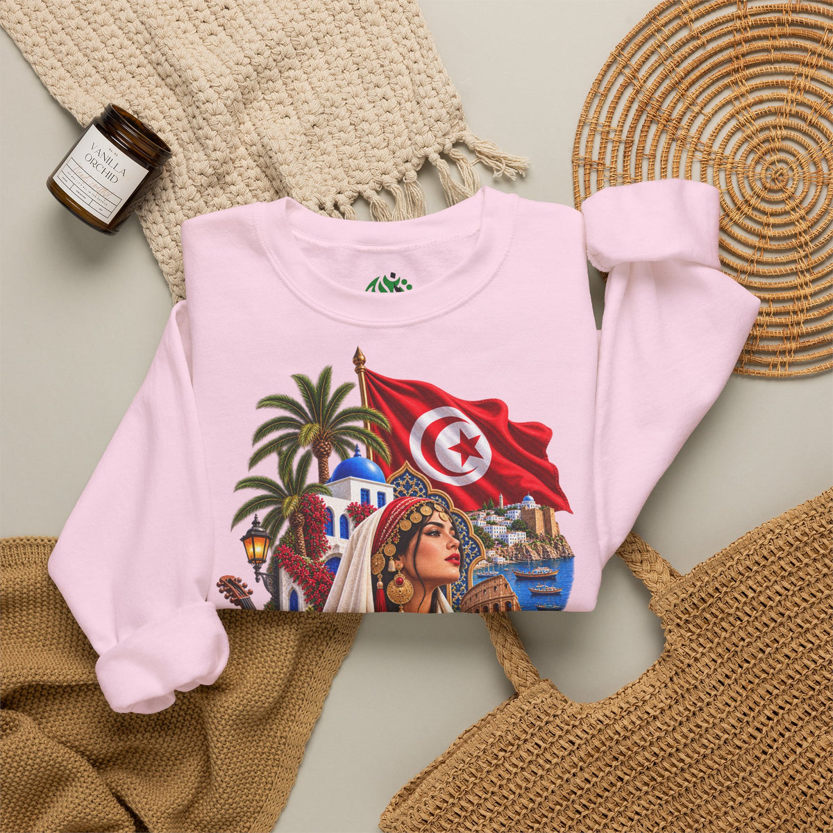 Sweat-shirt ras du cou Héritage Tunisien – Drapeau tunisien et collage culturel