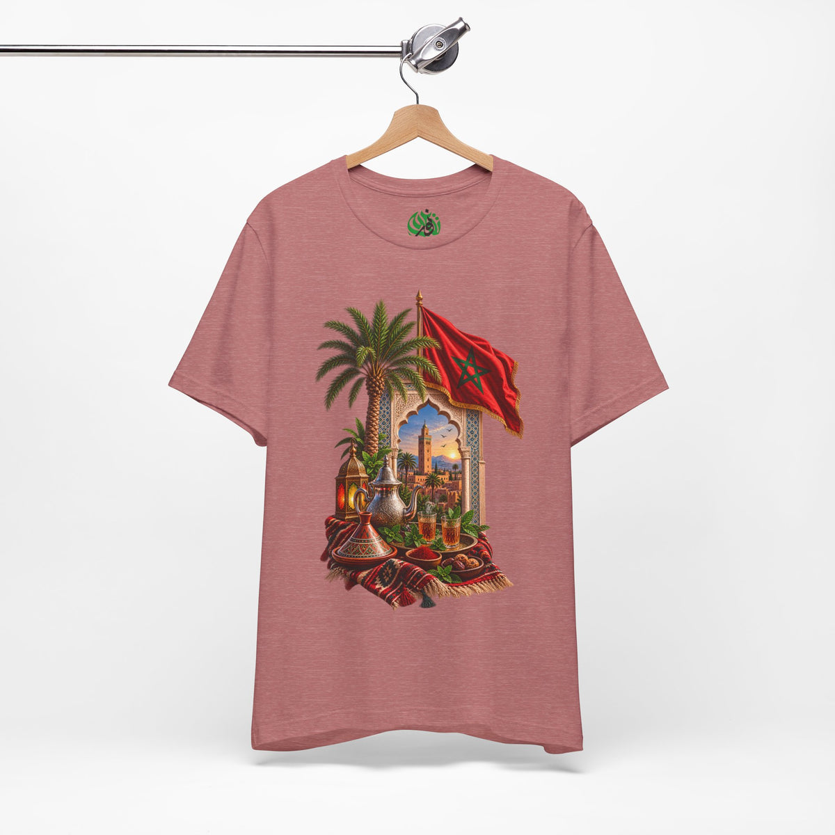 Moroccan Flag Medina Scene T-Shirt | Palm Tree, Lanterns, Tea Set