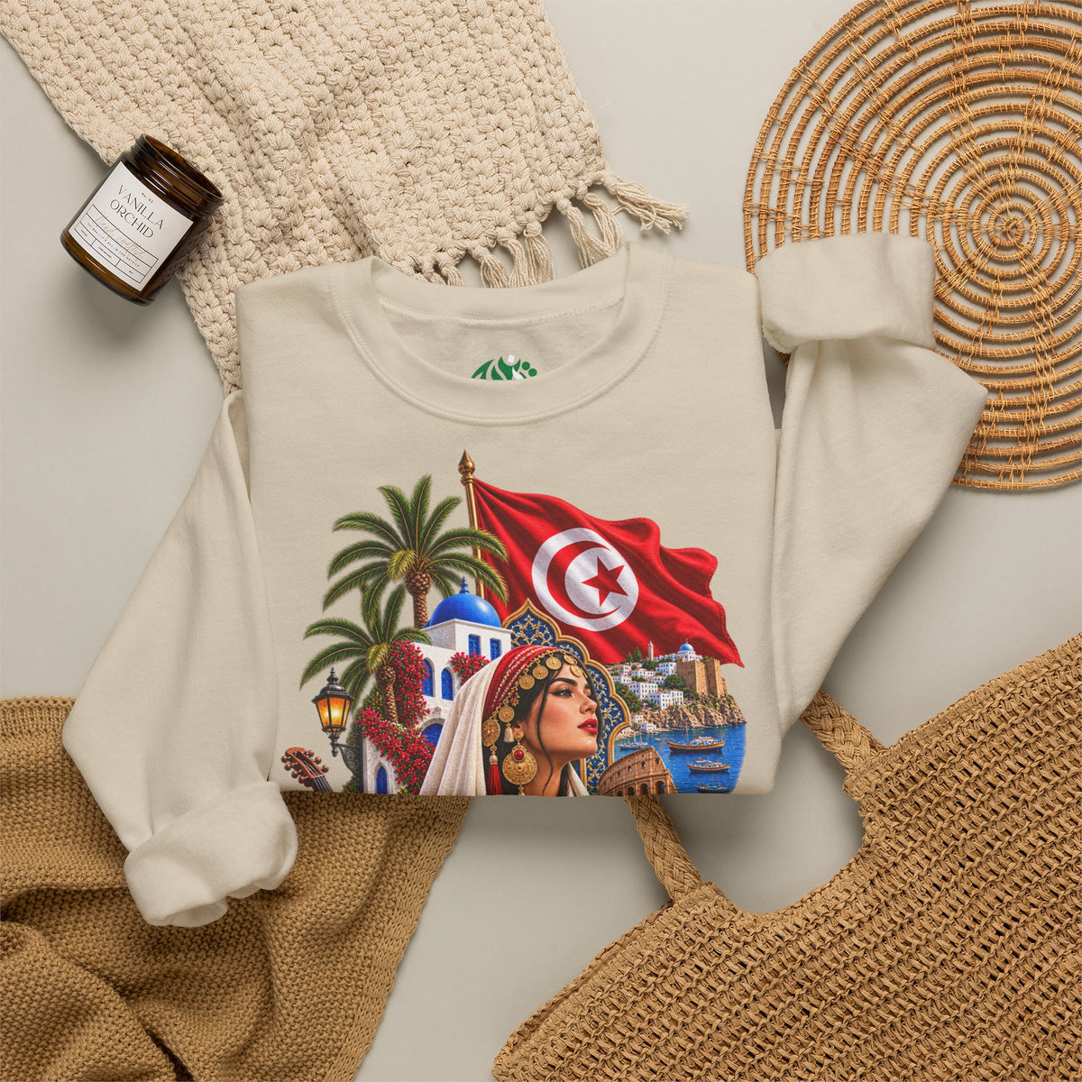 Sweat-shirt ras du cou Héritage Tunisien – Drapeau tunisien et collage culturel
