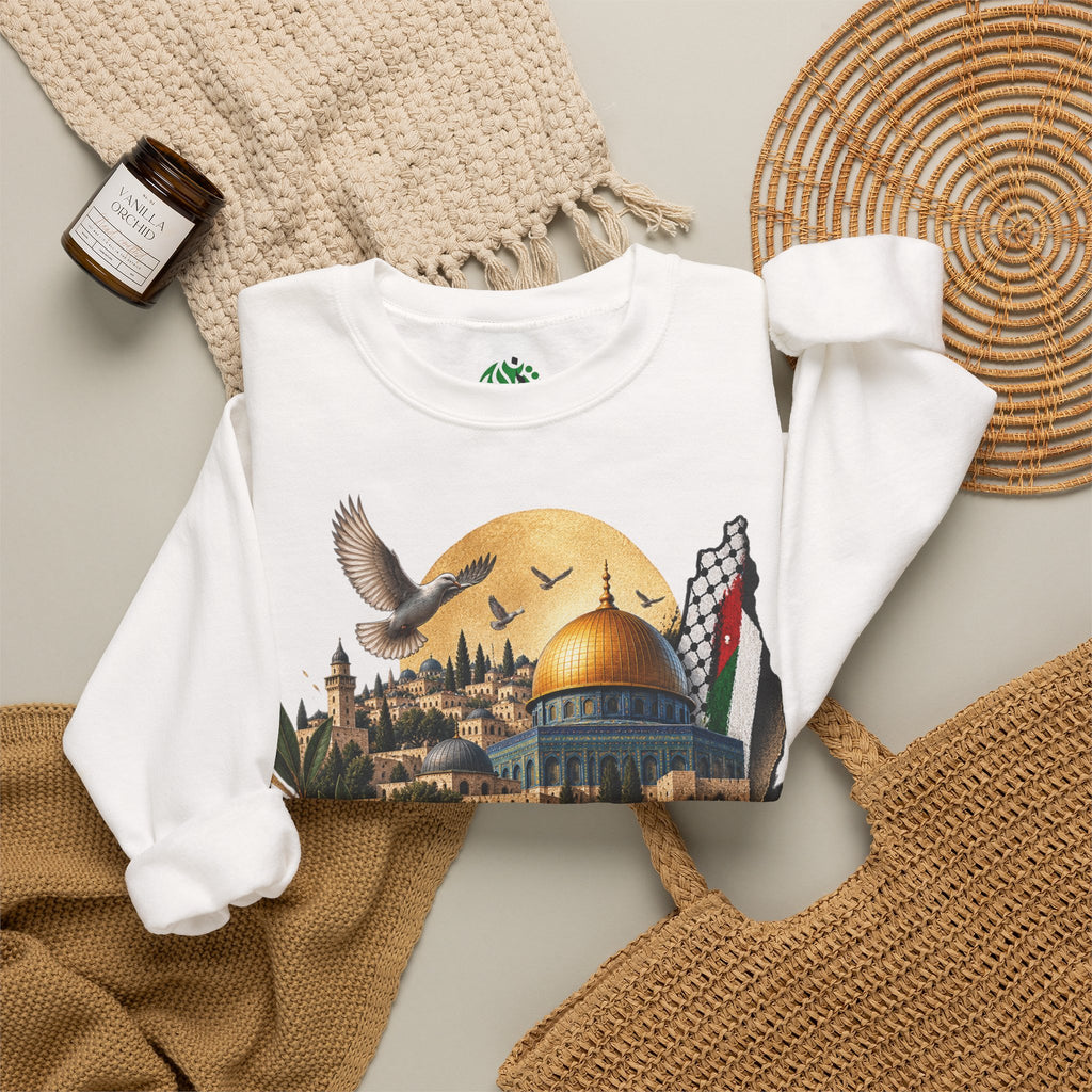 Jerusalem Dome of the Rock Illustration Sweatshirt | Arabic Calligraphy, Palestinian Flag