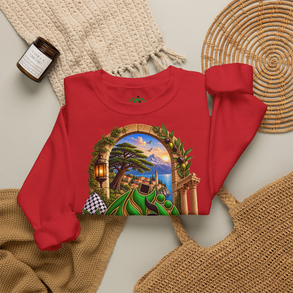 Sweat-shirt à col rond avec calligraphie arabe levantine | Illustration panoramique méditerranéenne