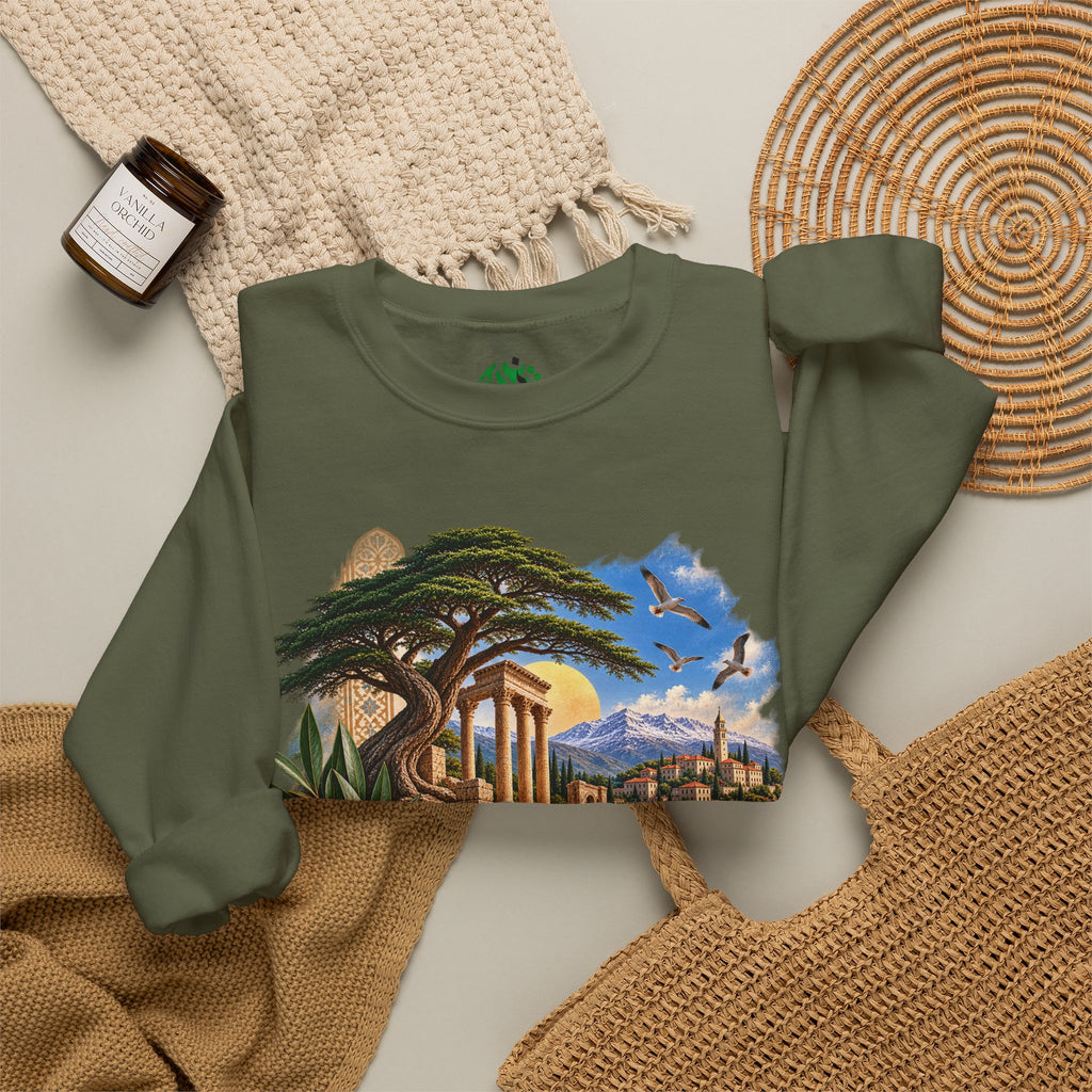 Levant Vintage Ruins Crewneck Sweatshirt | Arabic Calligraphy Landscape