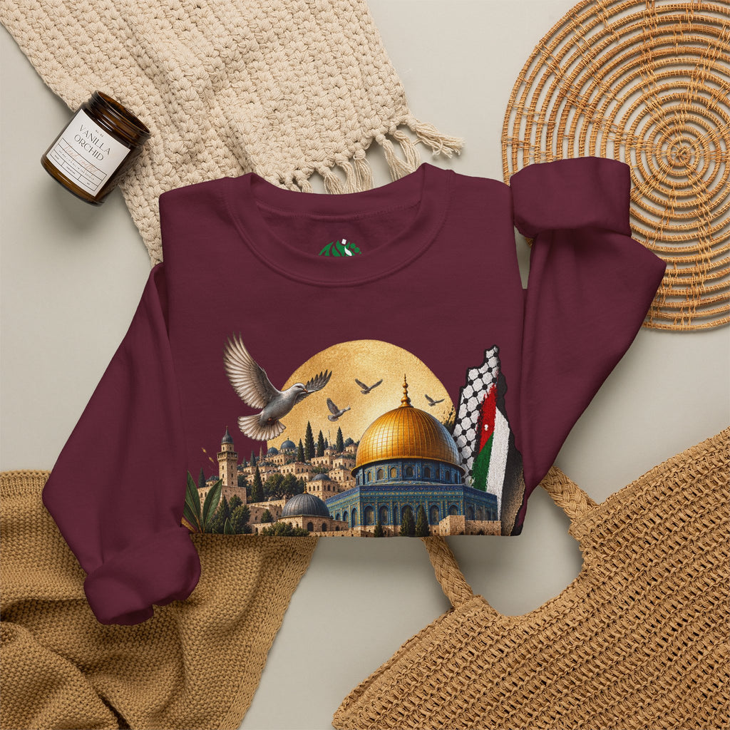 Jerusalem Dome of the Rock Illustration Sweatshirt | Arabic Calligraphy, Palestinian Flag