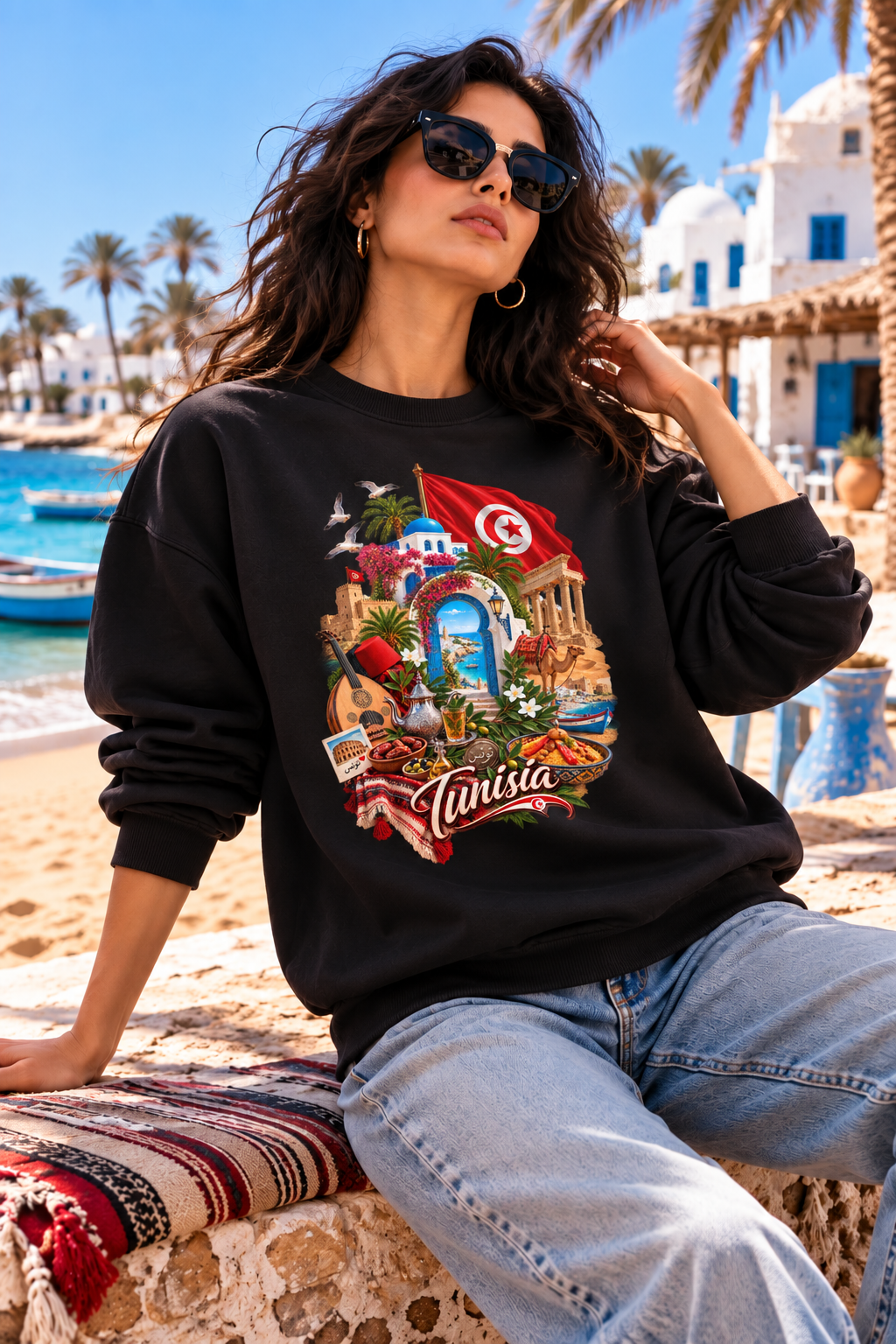 Tunisia travel collage Sweatshirt | Tunisian flag, medina, palm trees