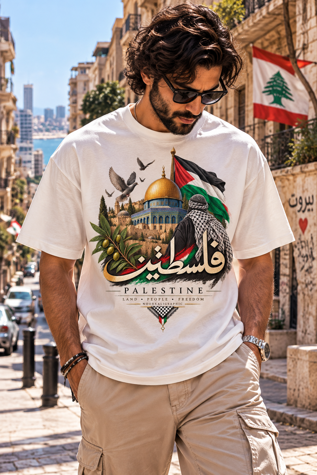 Palestine فلسطين calligraphie arabe T-shirt blanc — Dôme du Rocher, keffieh, Beyrouth | NoorKaligraphic