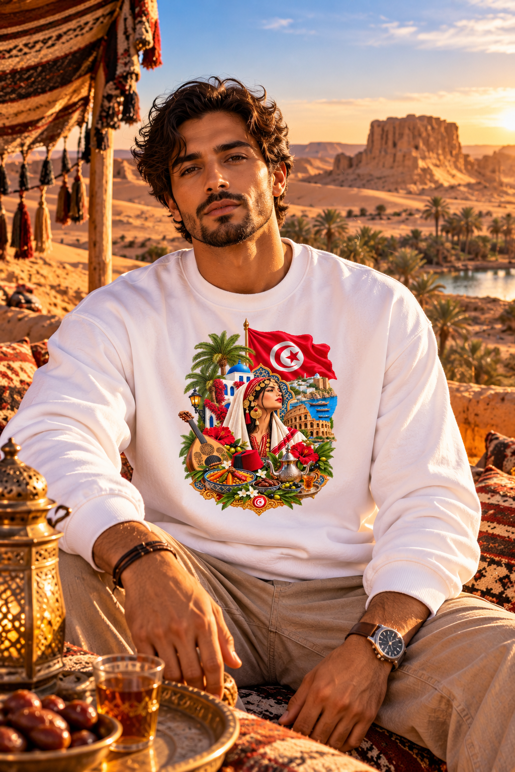 Sweat-shirt ras du cou Héritage Tunisien – Drapeau tunisien et collage culturel