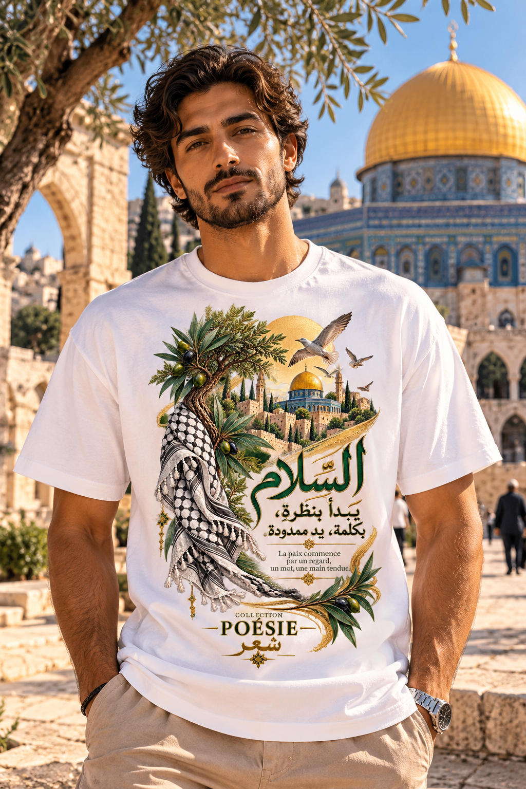 Arabic Poetry Tee — Salaam Desert Scene Graphic T-Shirt