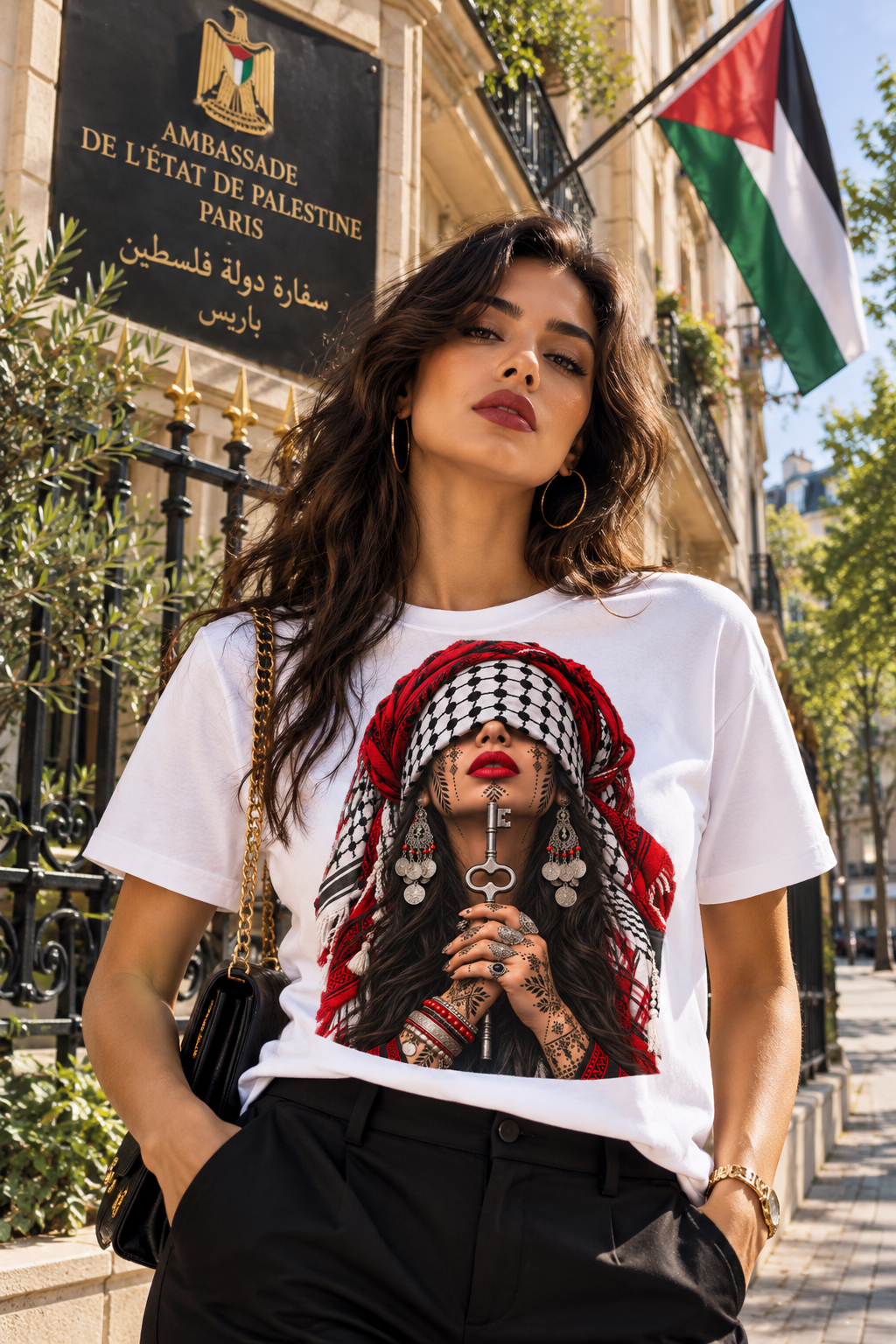 Palestinian Keffiyeh Portrait Tee — Bold Middle Eastern Cultural Art T-Shirt