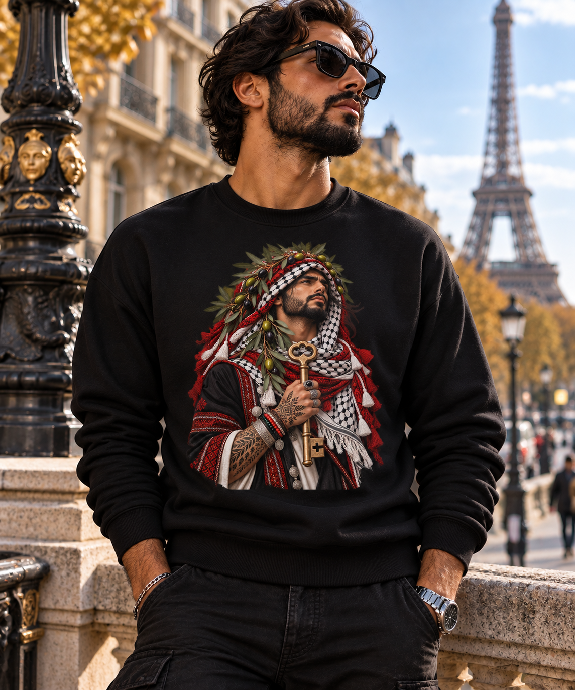 Crewneck Sweatshirt — Majestic Palestinian Liberation Portrait (keffiyeh & key)