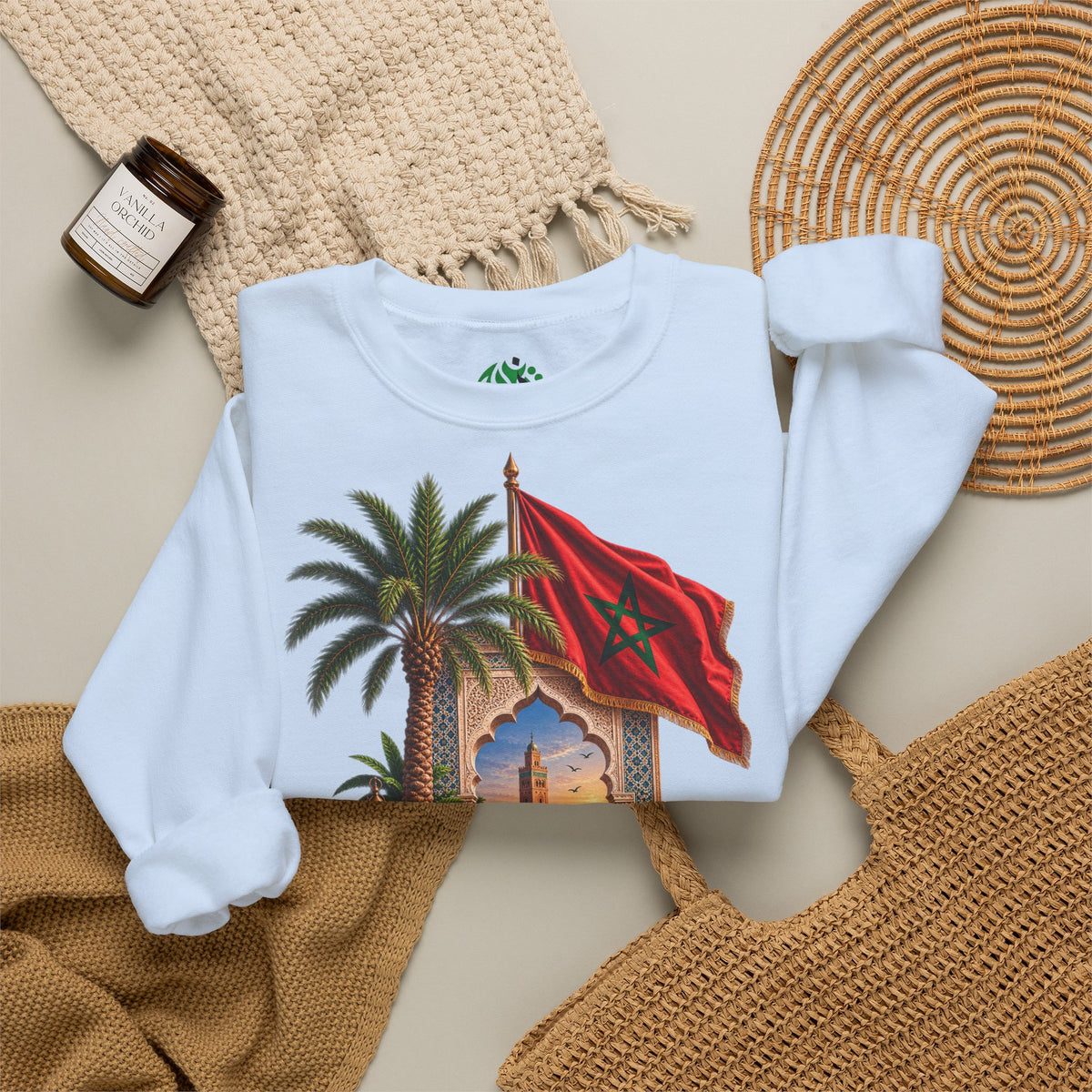 Sweat-shirt col rond Méli-mélo marocain — Drapeau du Maroc et scène du désert