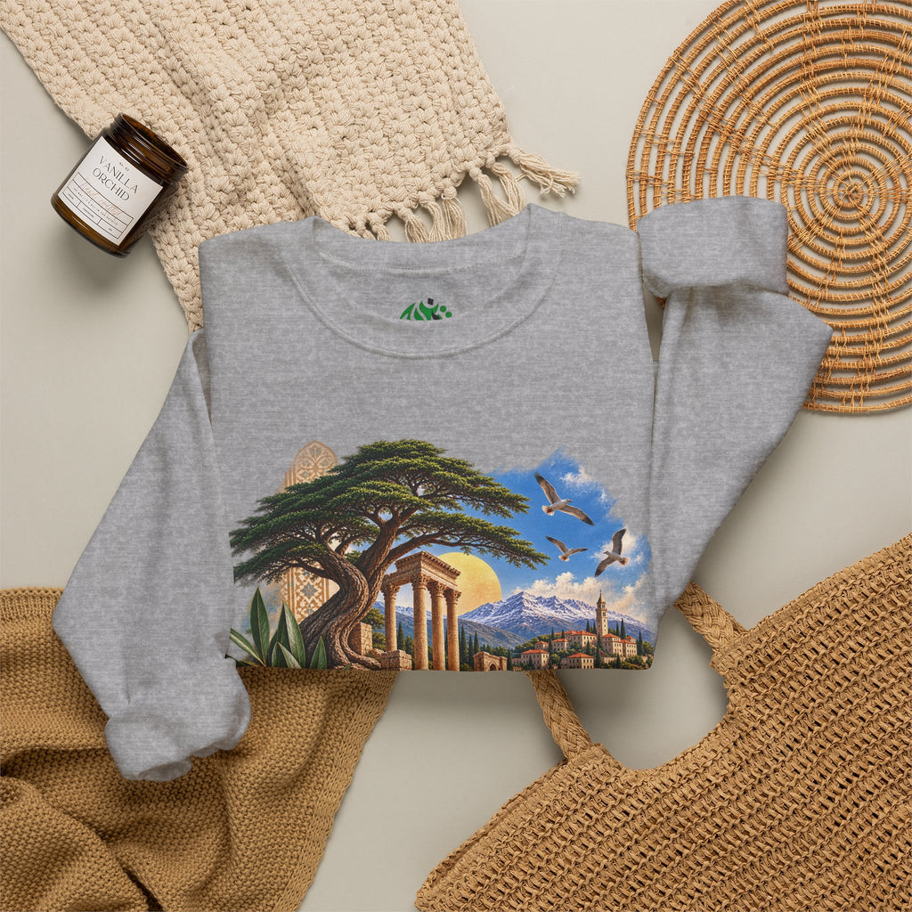 Levant Vintage Ruins Crewneck Sweatshirt | Arabic Calligraphy Landscape
