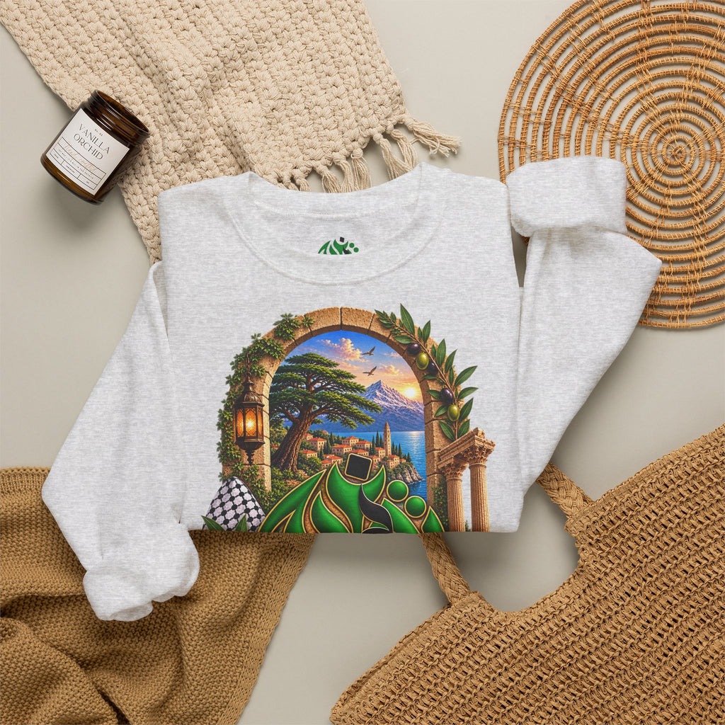 Sweat-shirt à col rond avec calligraphie arabe levantine | Illustration panoramique méditerranéenne